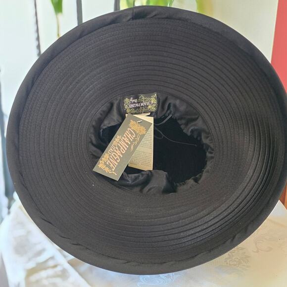 NIB Champagne Italy black whimsical hat with satin ribbons and bows, gemstones - Picture 4 of 4